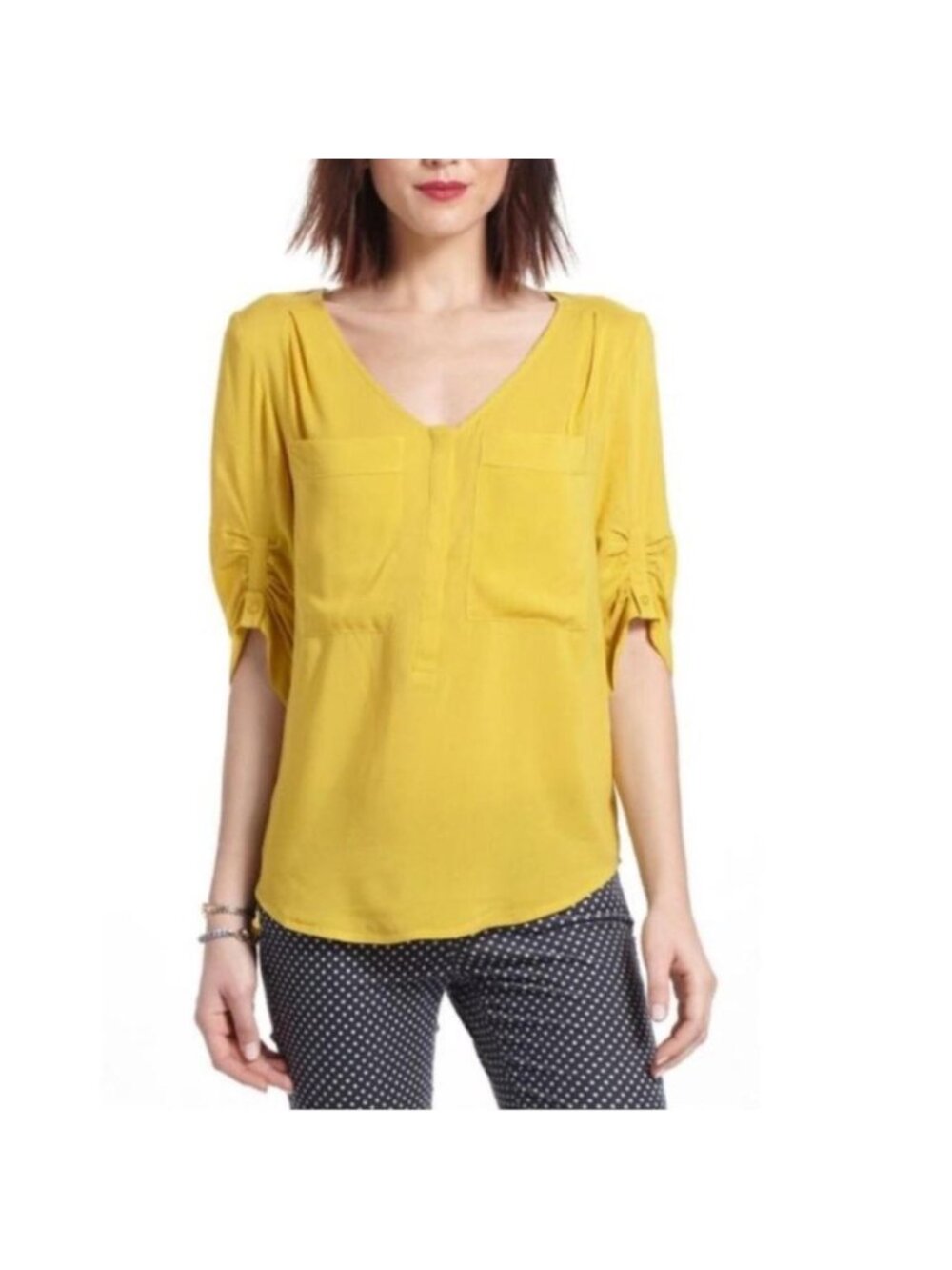 Anthropologie Maeve Yellow Charleston Henley Peasant Blouse Size Large